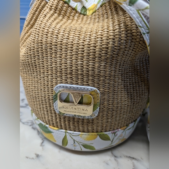 Valentina Raffia Lemon Leather Trim Woven Bucket Bag - Picture 3 of 9